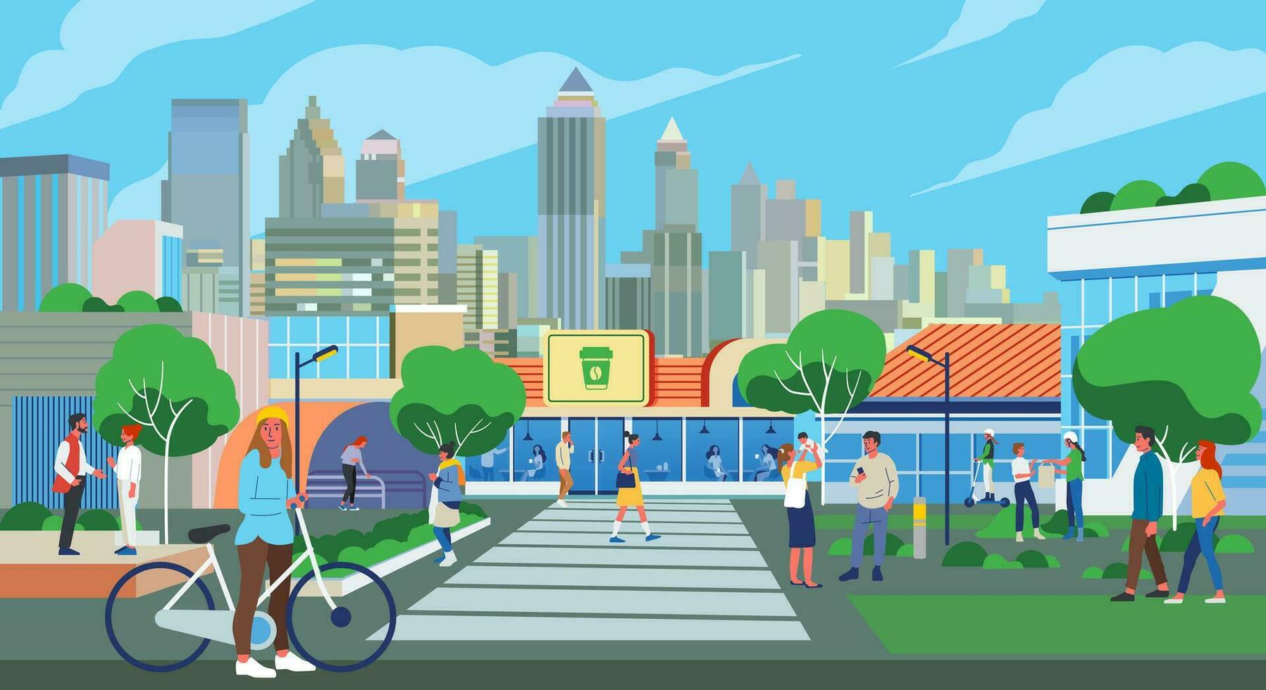 People walking along city street. Modern urban lifestyle scene with pedestrians, citizens going on sidewalks and buildings. Cityscape panorama vector