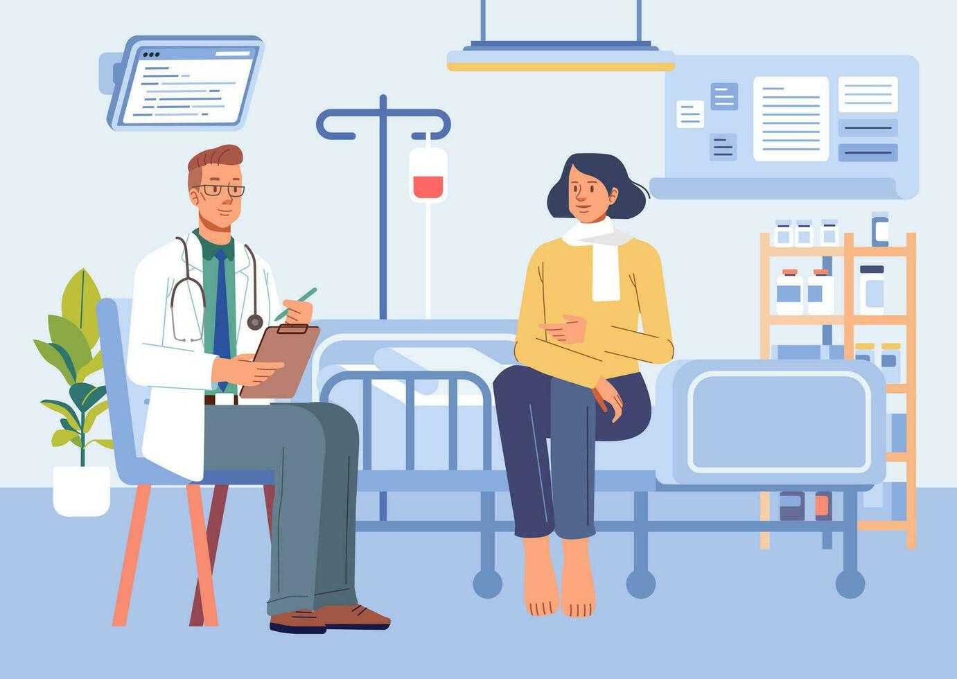 Doctor and girl patient at desk in hospital office. Clinic visit for exam, meeting with physician, conversation with medic about diagnosis results vector