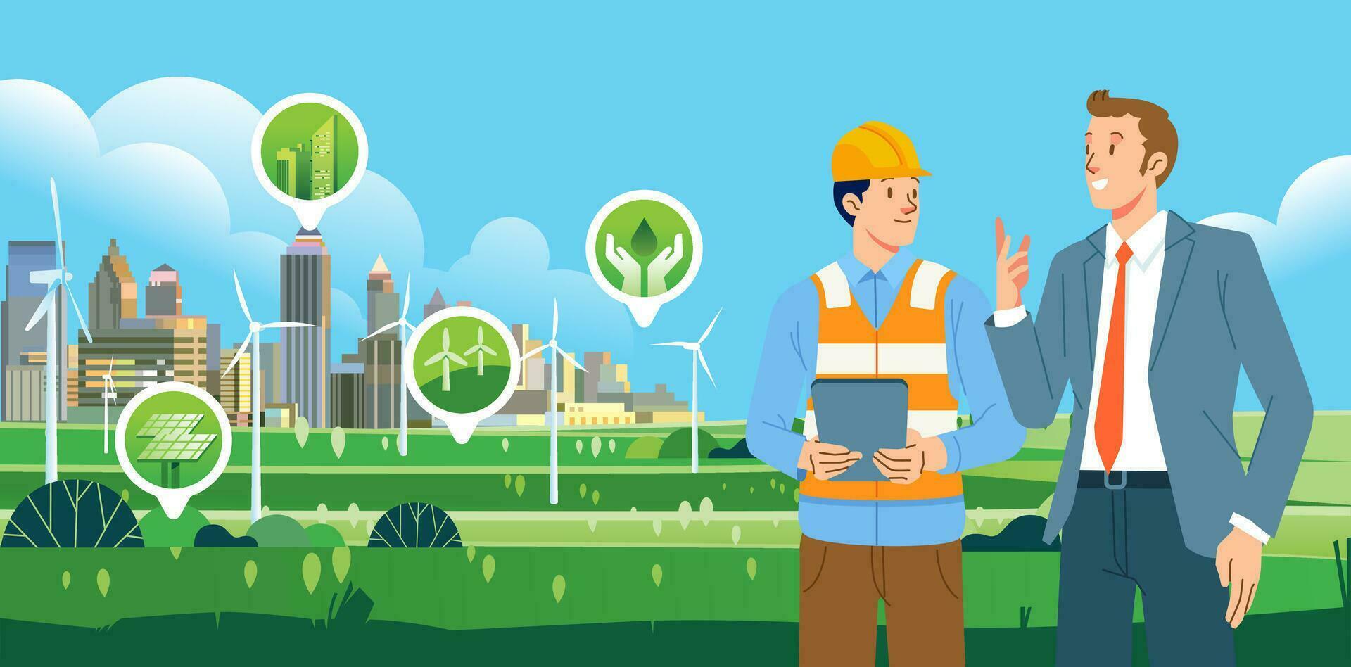 businessmen and contractors discussing the development of environmentally friendly sustainables energy alternatives for modern cities with green energy icon vector