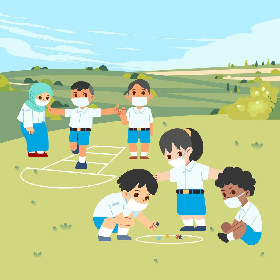 niños en colegio uniforme vistiendo un máscara chico y niña jugando rayuela y canicas en un verde montañoso campo vector