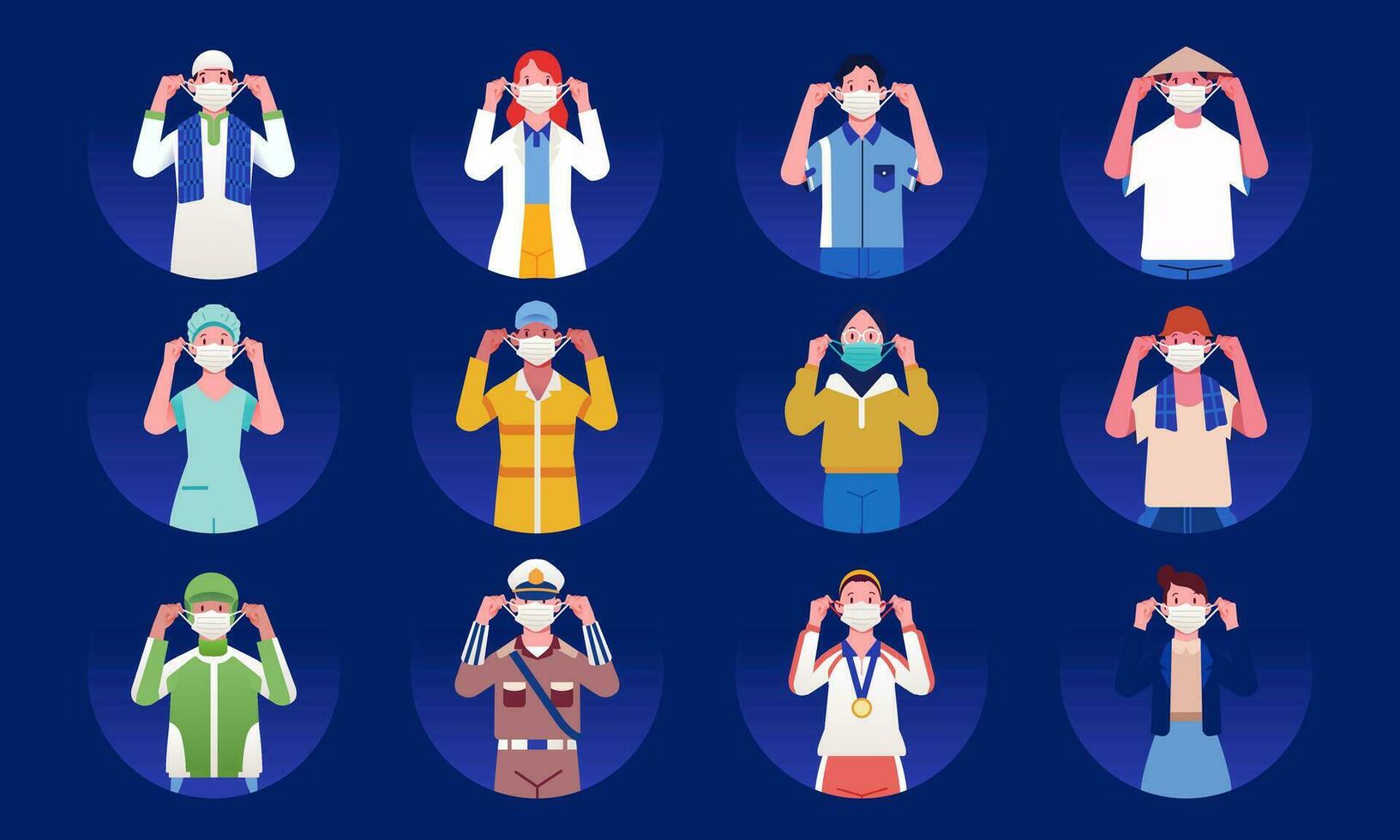 Various character avatars, nationalities and professions, man and woman wearing masks care about the pandemic vector