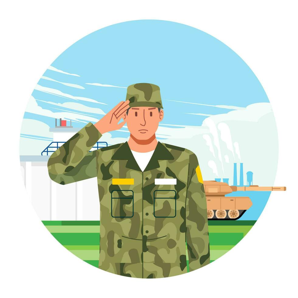 estar por retrato Ejército en camuflaje uniforme saludo en militar base y combate vehículo como antecedentes vector