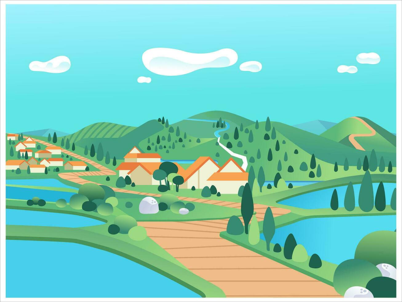 beautiful countryside landscape with mountains, hills, lake, houses and road vector illustration