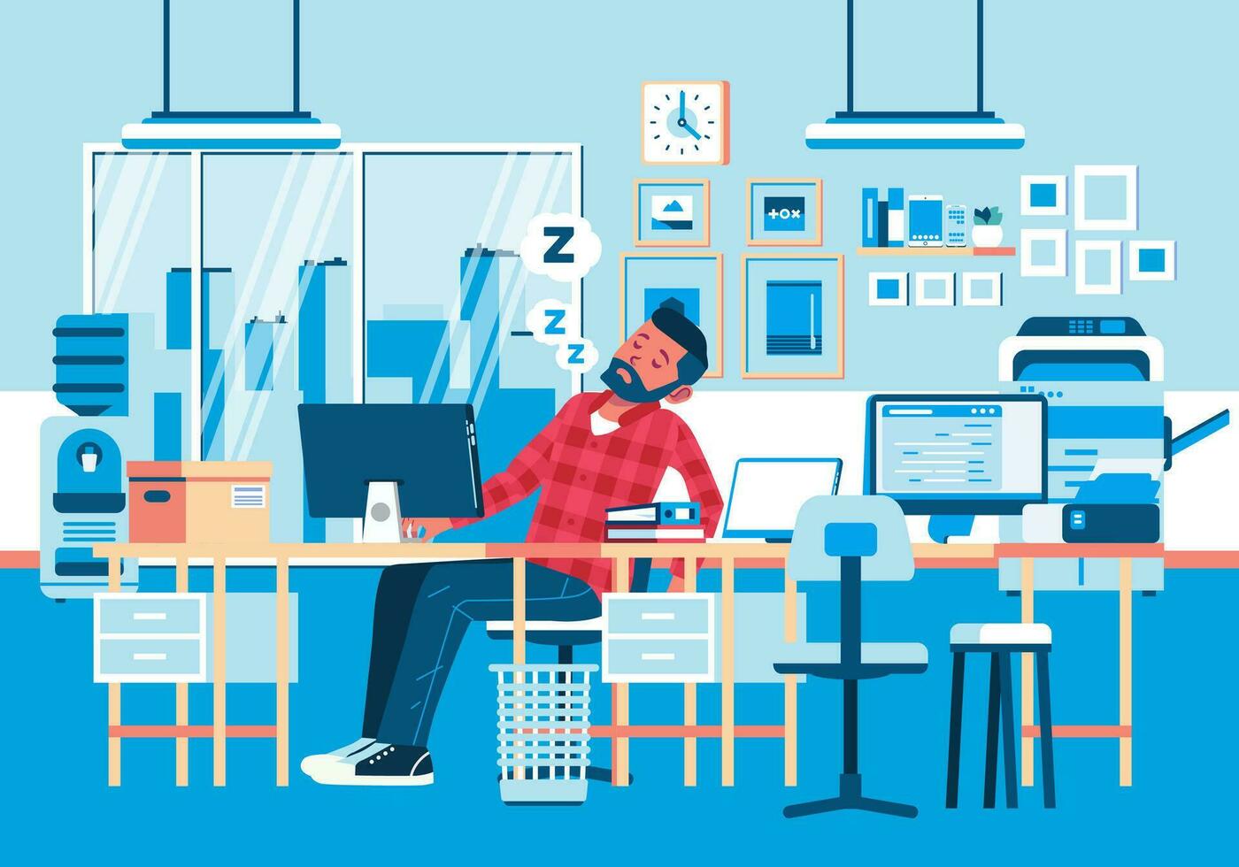 young man character overslept in the office due to fatigue working overtime, office interior as background vector illustration