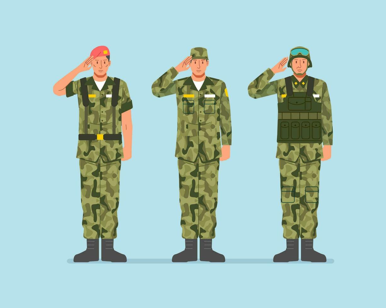 Male soldiers vector character of the national forces and the concept of the military army, One standing another saluting remember and honor