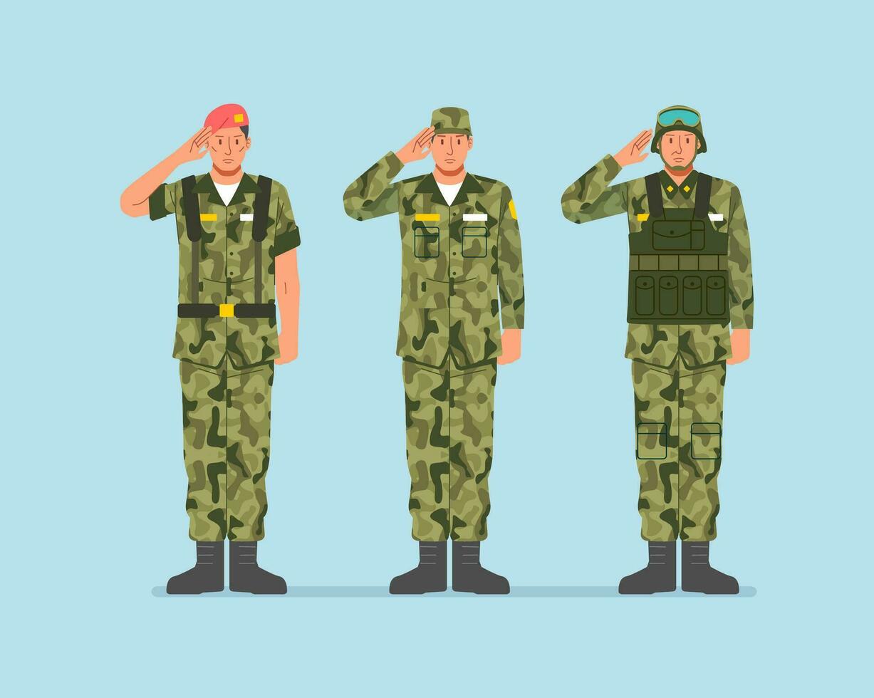 masculino soldados vector personaje de el nacional efectivo y el concepto de el militar ejército, uno en pie otro saludando recuerda y honor