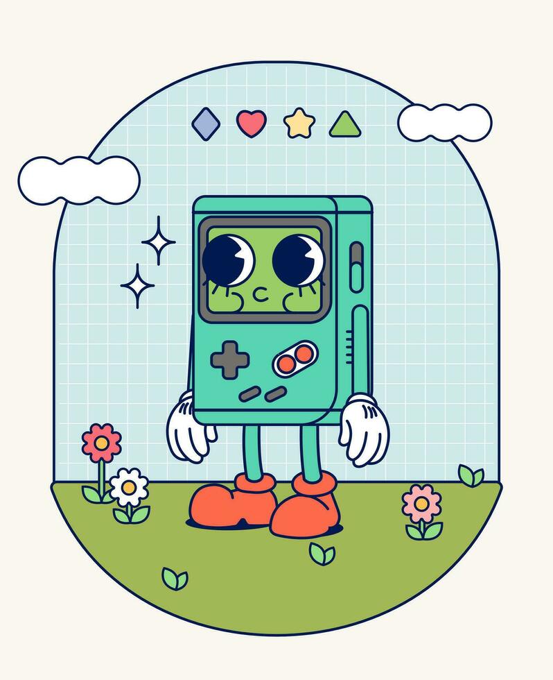 Hand draw Funny Retro vintage trendy style gameboy cartoon character Contemporary illustration Doodle Comic collection vector