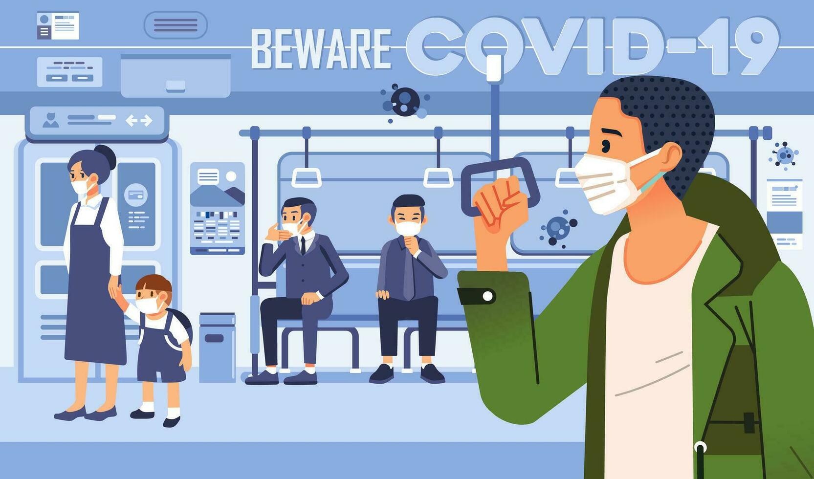 beware to covid 19 vector illustration with people in train as public transportation, social distancing and wearing mask to prevention