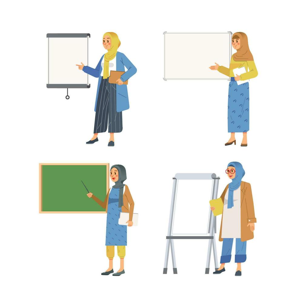 set of muslim women presenting her presentation on board vector illustration