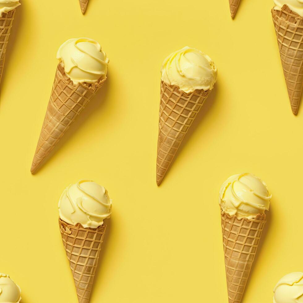 Ice Cream pattern on yellow background, top view. AI Generated photo