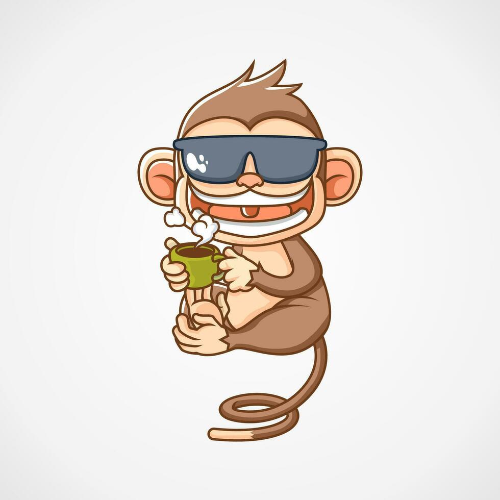 monkey drink a cup of coffee mascot logo illustration vector