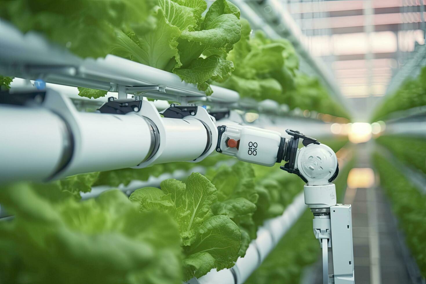 Automatic Agricultural Technology With Close-up View Of Robotic Arm Harvesting Lettuce In Vertical Hydroponic Plant. AI Generated photo