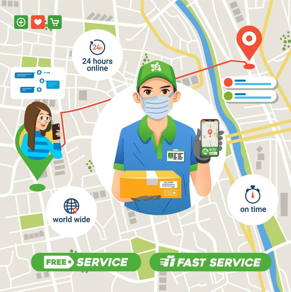 delivery service company sending package to customer on time, map route in the app to destination, 24 hour guarantee vector