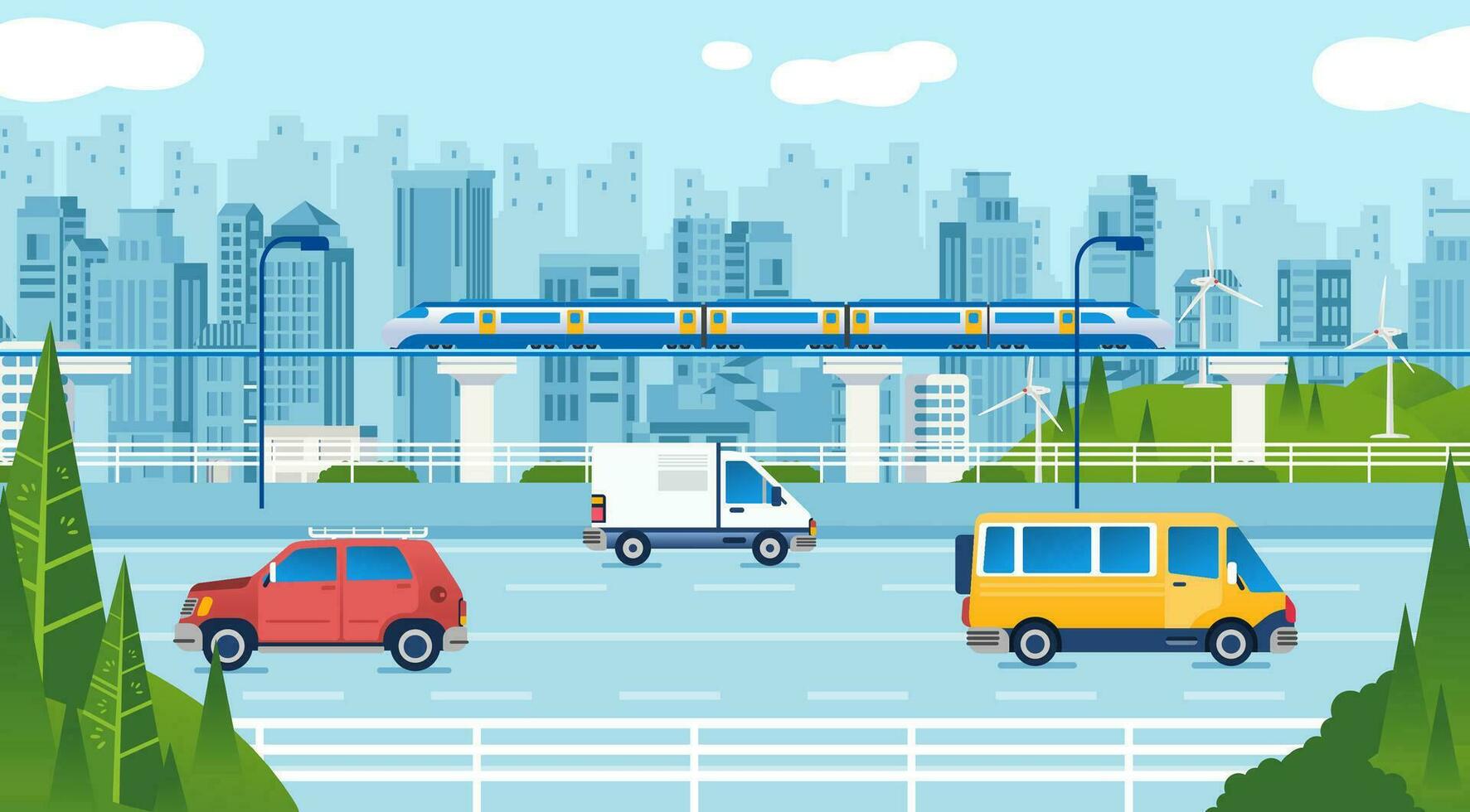 modern Highway road with cars and Monorail with cityscape as background vector