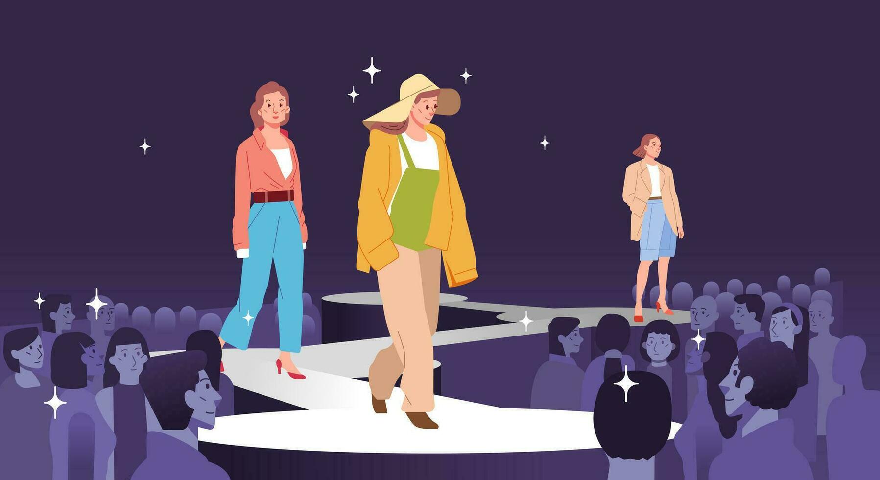 Fashion models showing represent new clothes outfit trendy modern stylish girls Posing walking on catwalk ramp stage runway. Audience crowd watching vector