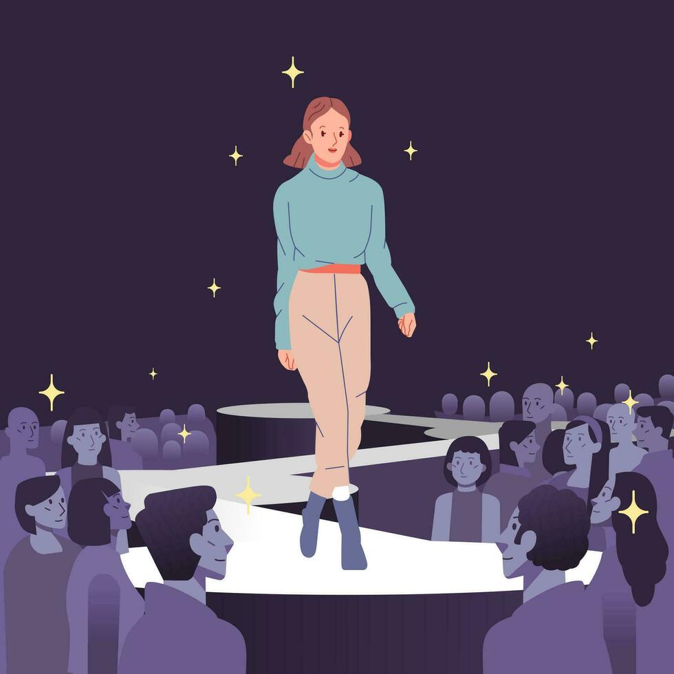 Fashion models showing represent new clothes outfit trendy modern stylish women Posing walking on catwalk ramp stage runway. Audience crowd watching vector