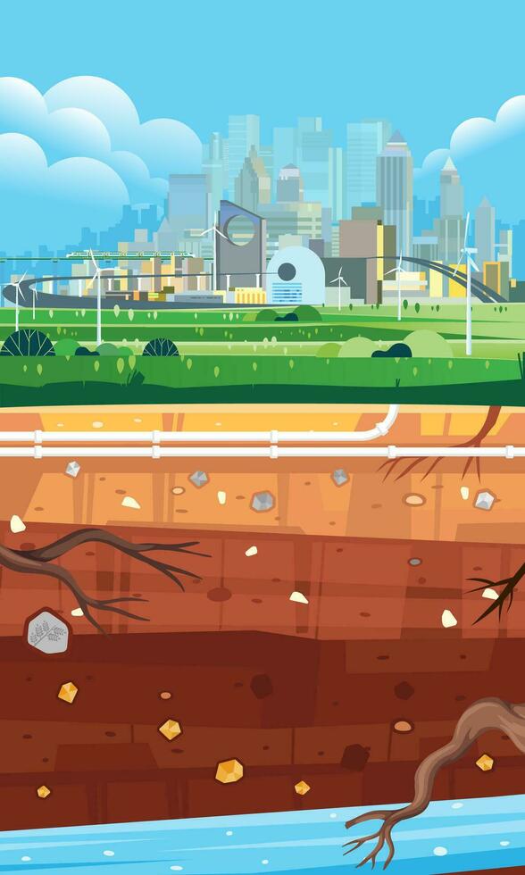 Soil layer with the top layer of modern futuristic city with renewable energy windmills, pipe installation blue sky beauty landscape vector