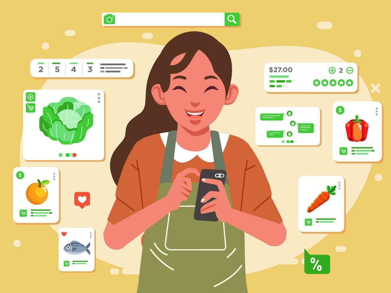 Mother is grocery shopping online from online store with her phone, fruits, vegetables, fish and other delivery to home vector illustration