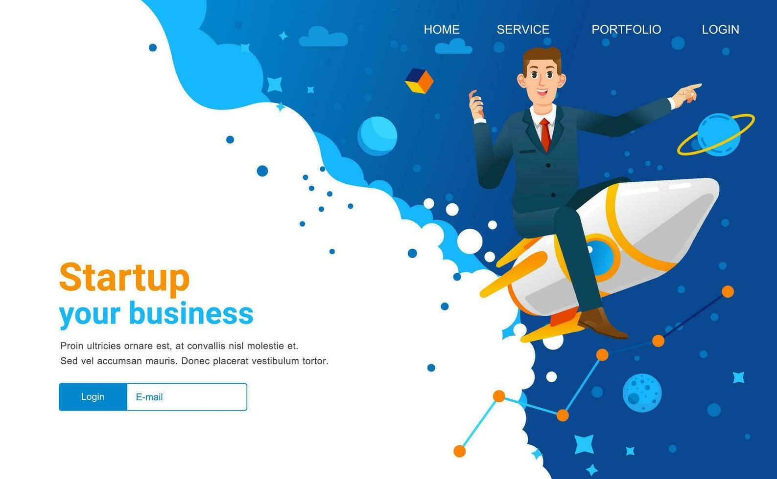 start up landing page illustration with man riding the rocket and outer space as background for bussiness website vector
