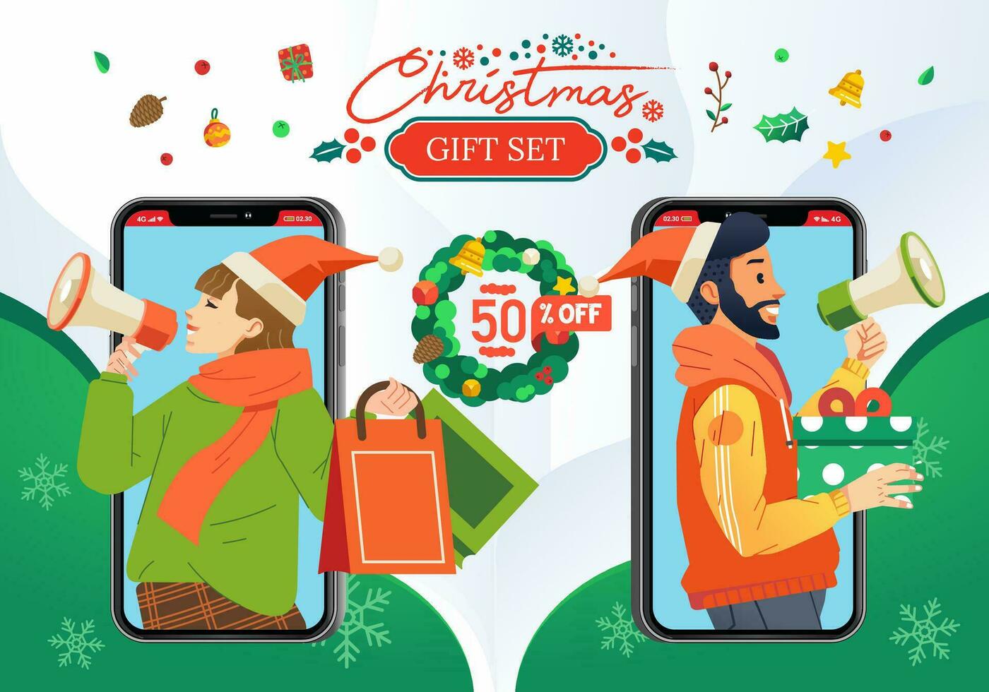 christmas gift set promotion or discount voucher with men and women illustration bring micropone and gift in their hand flat vector illustration