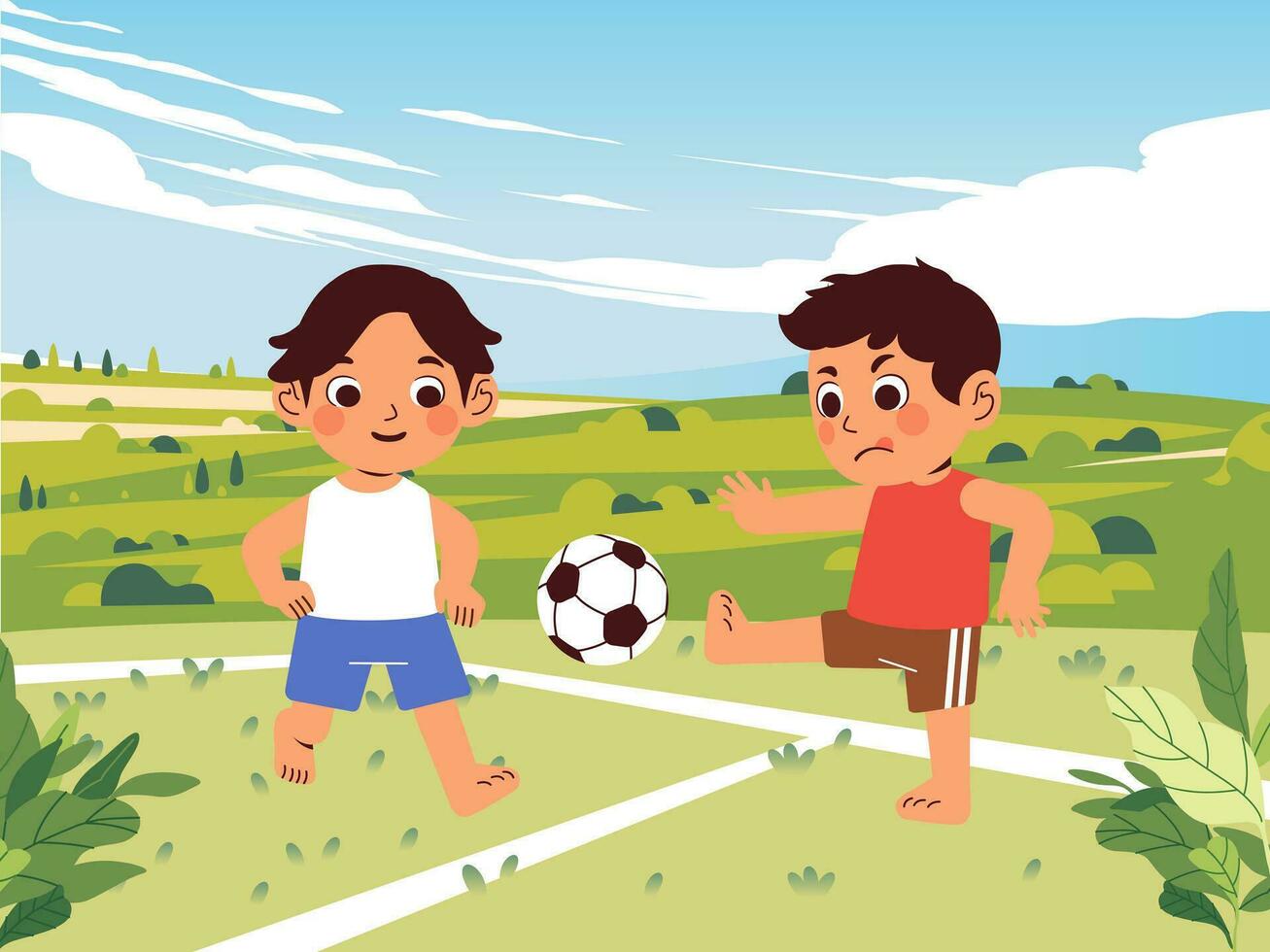 dos Niños en acción jugando fútbol en un campo con colinas y cielo en el antecedentes vector