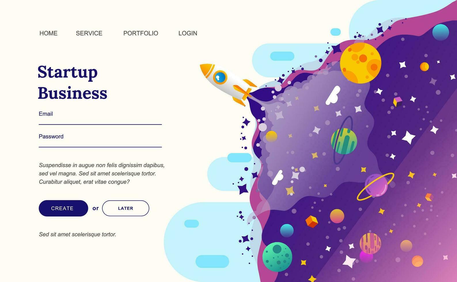 modern flat vector illustration of start up describe by rocket in the space with landing page design