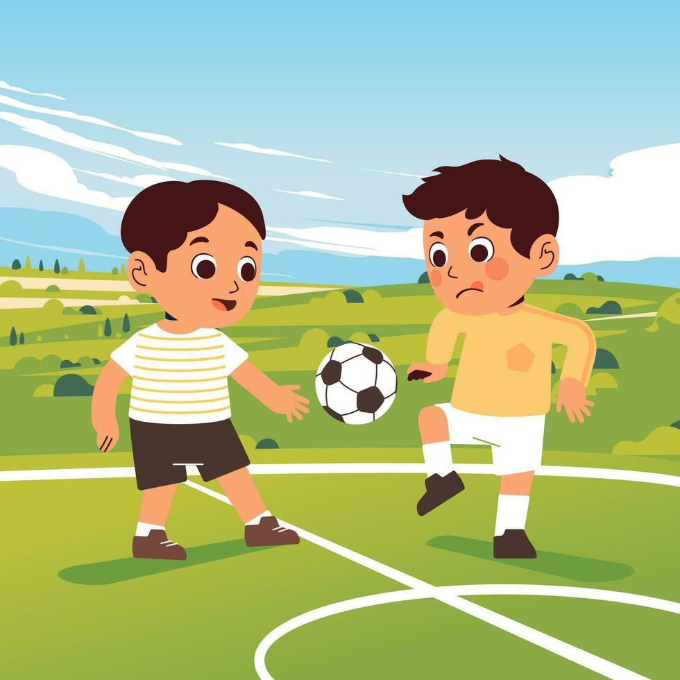 dos Niños jugando fútbol en un campo con colinas y cielo en el antecedentes vector