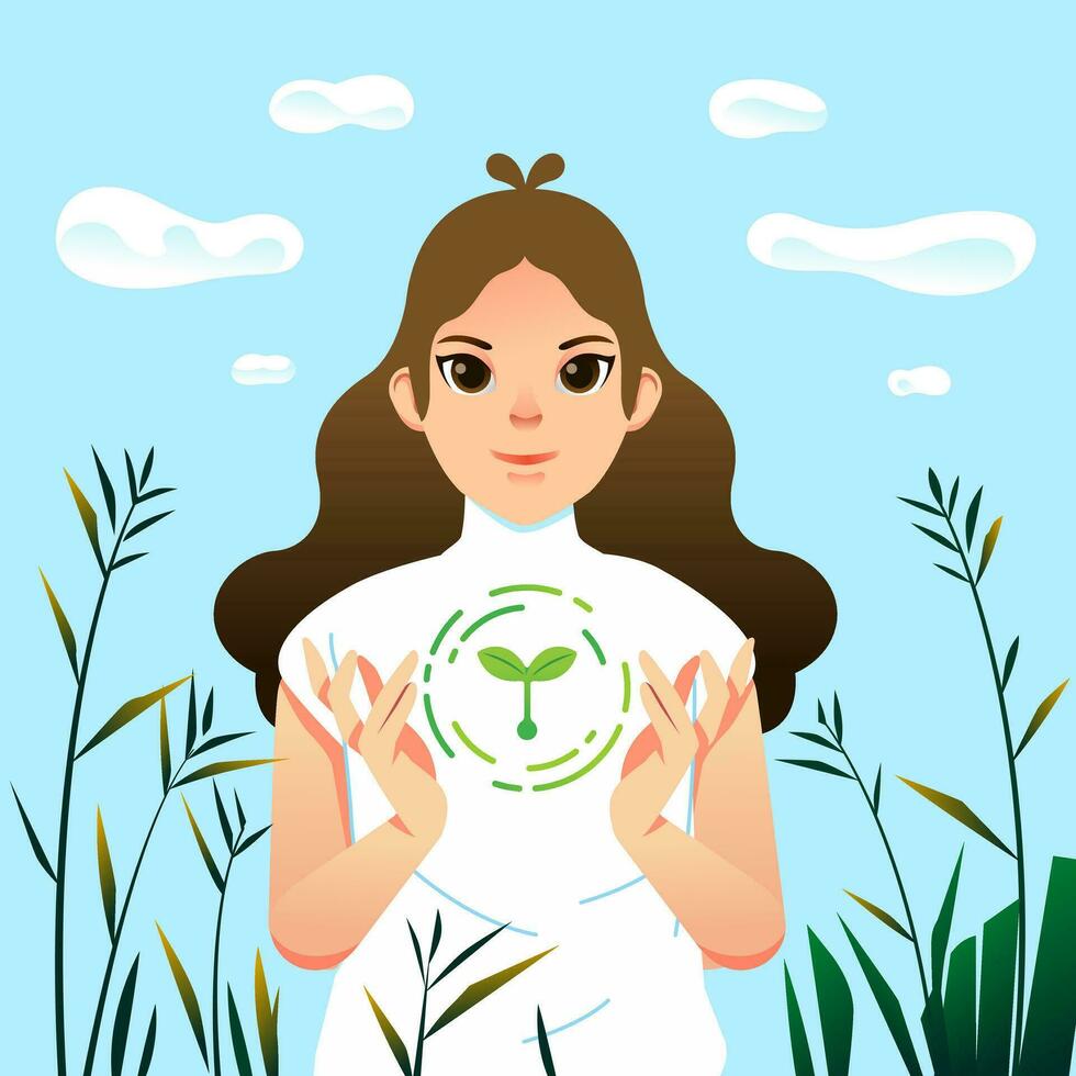 World Environment Earth Day. Woman character holds handful soil with plant sprout seed. Sustainable lifestyle, green, ecological conversation, nature concept vector