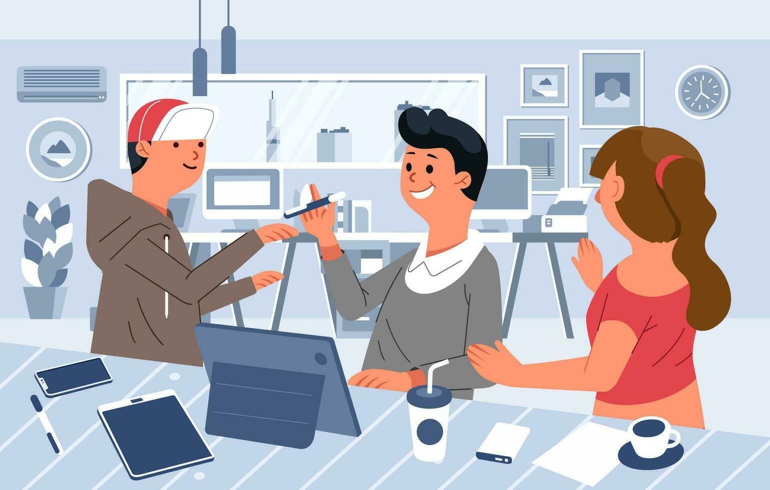 creativo equipo trabajo discusión en comienzo arriba empresa trabajando espacio vector ilustración