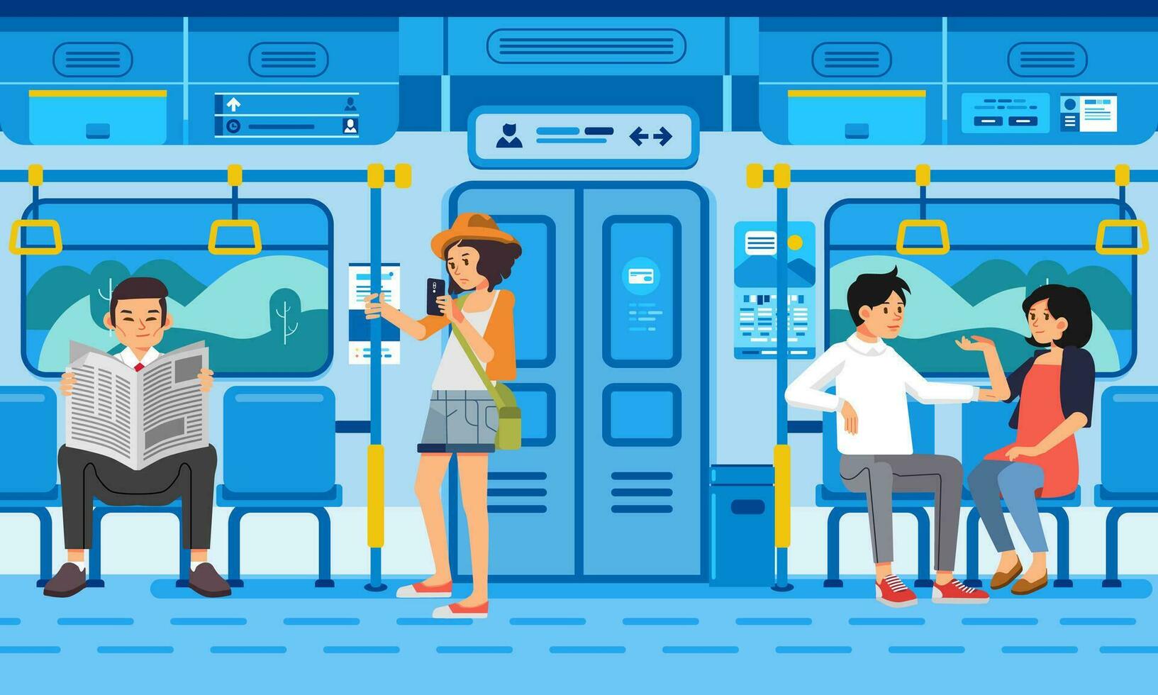 isometric illustration of people passangers in train modern public transport, with countryside landscape out the window vector