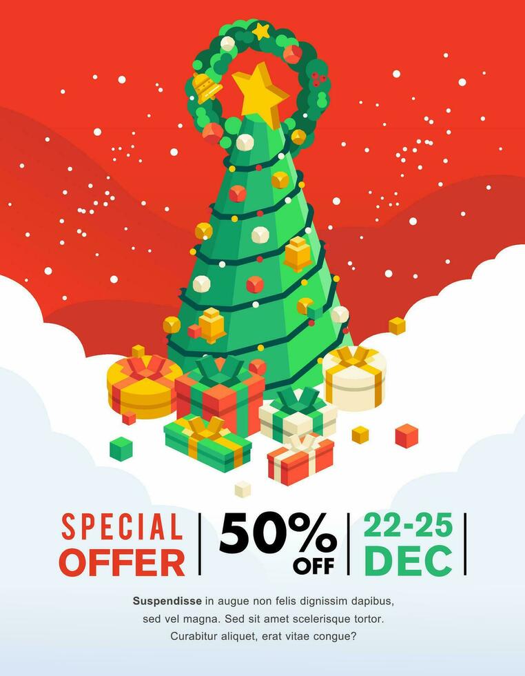 christmas sale banner and flyer with christmas tree and present under it vector