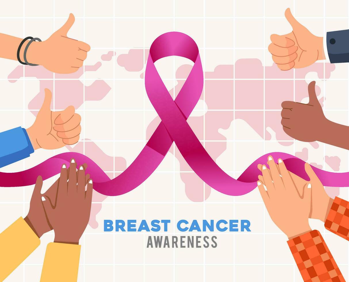 breast cancer awareness campaign poster illustrated by pink ribbon and many hand with different color world map as background vector