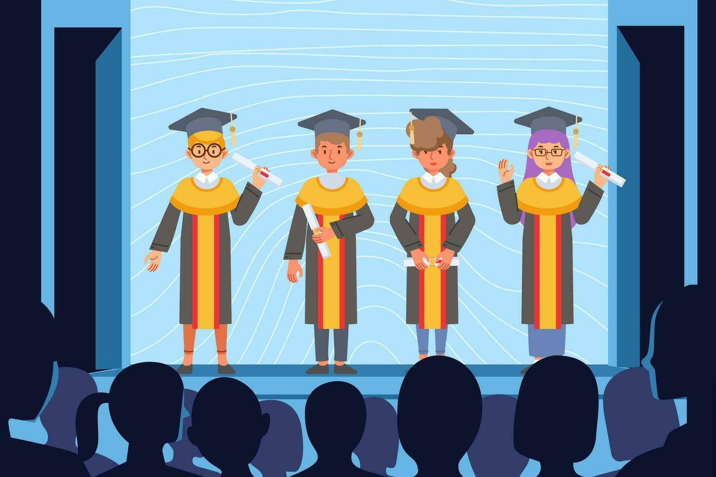 Group of graduate students standing together on stage and audience silhouette Flat style vector illustration