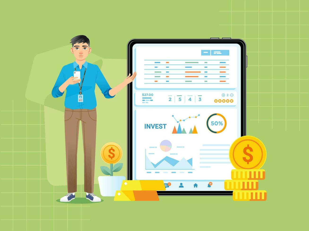 Business man standing in front of giant tablet computer screen making presentation and explaining charts diagrams annual report vector