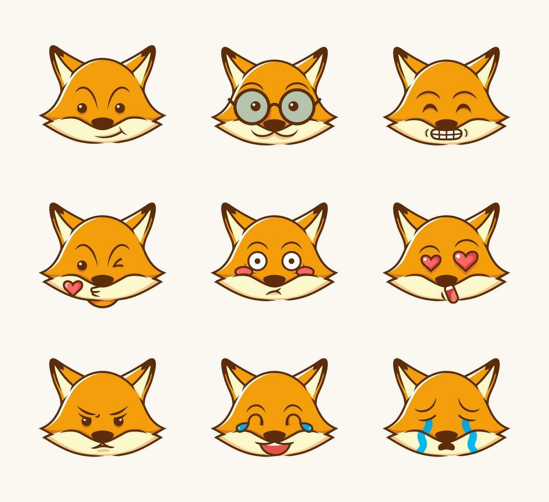 fox facial expression collection, smile, cry, surprised, angry and love with flat design style vector