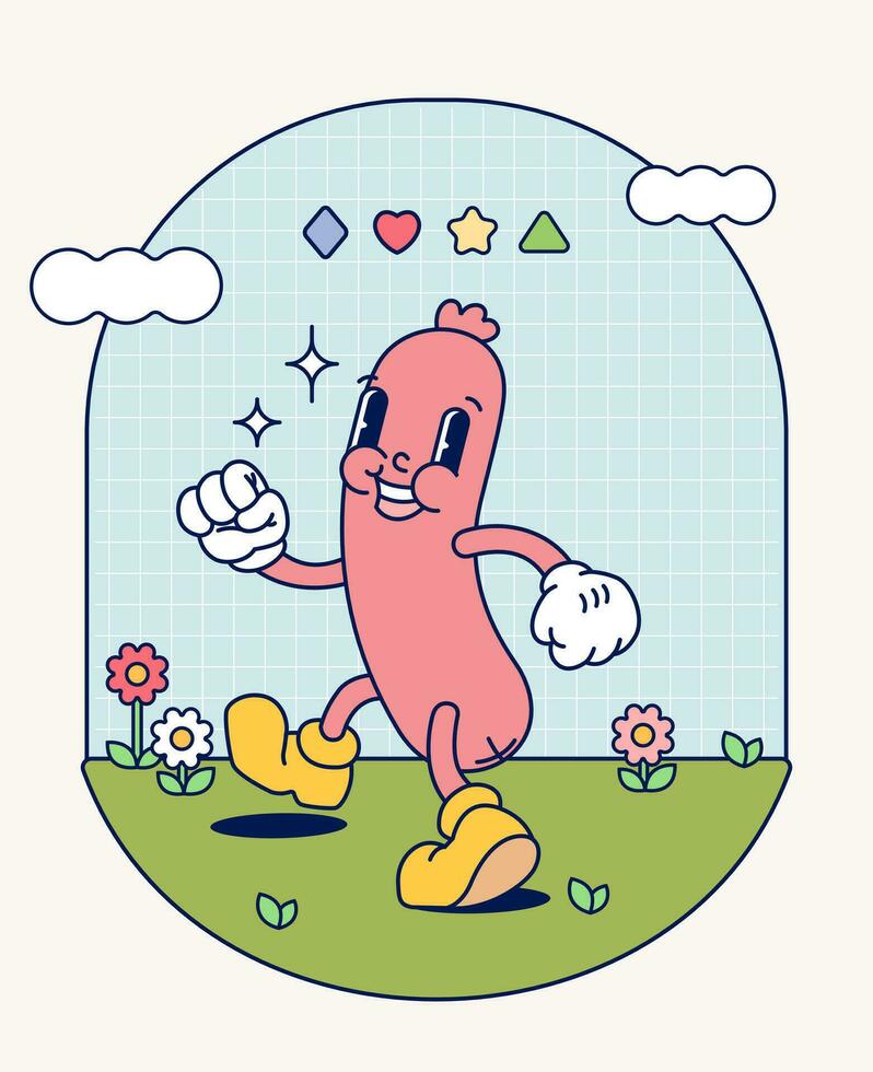 Hand draw Funny Retro vintage trendy style sausage cartoon character Contemporary illustration Doodle Comic collection vector