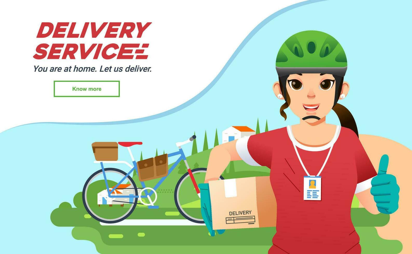 deliverry service courrier girl sending package with bysicle, women deliverry company mascot with landscape as background vector illustration