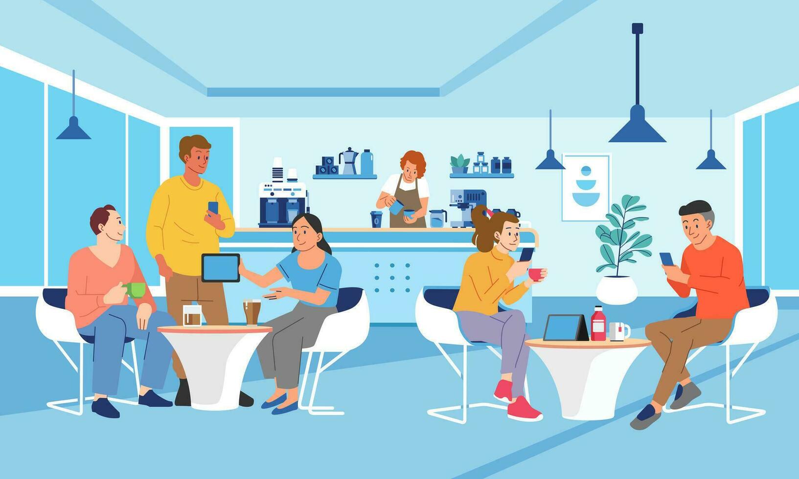 Young People Characters Dinning and Working in modern Coffehouse. Woman and Man Working and Drinking Coffee. Coworking Loft Office with Cafe. Freelancers at Work. vector