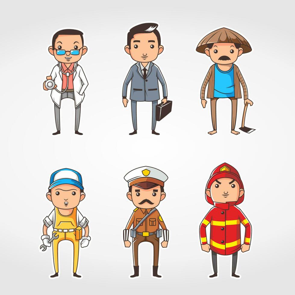 conjunto de personas con diferente profesión vector ilustración, allí son doctor, policía, agricultor, empresario, bombero, mecánico plano diseño vector ilustración