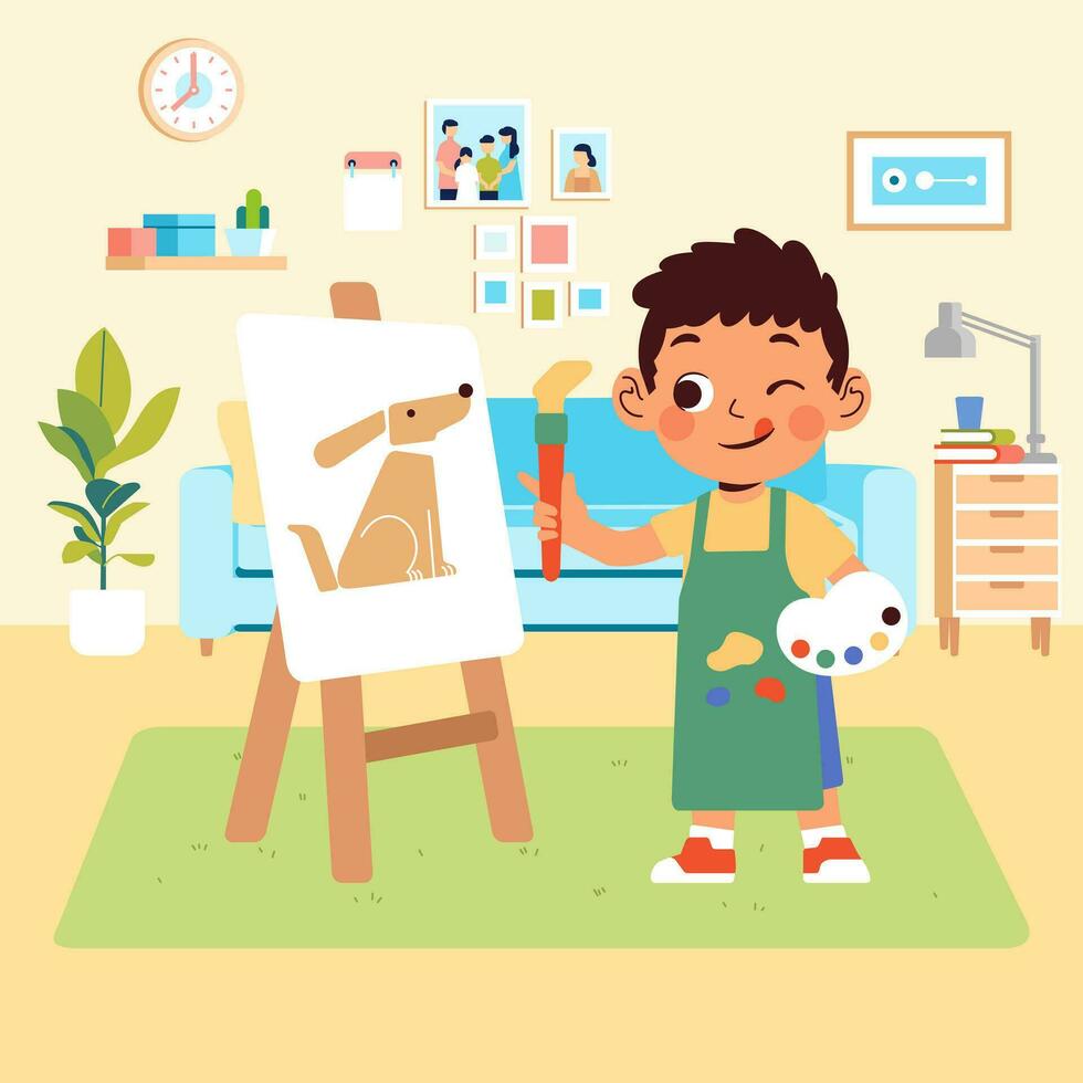 Boy learning to play painting dog with brush and paint in living room vector