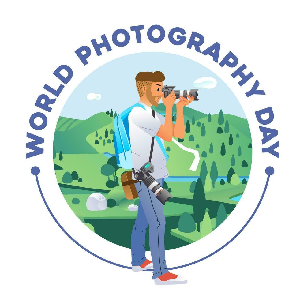 mundo fotografía día póster con joven hombre tomando un imagen de hermosa paisaje vector ilustración