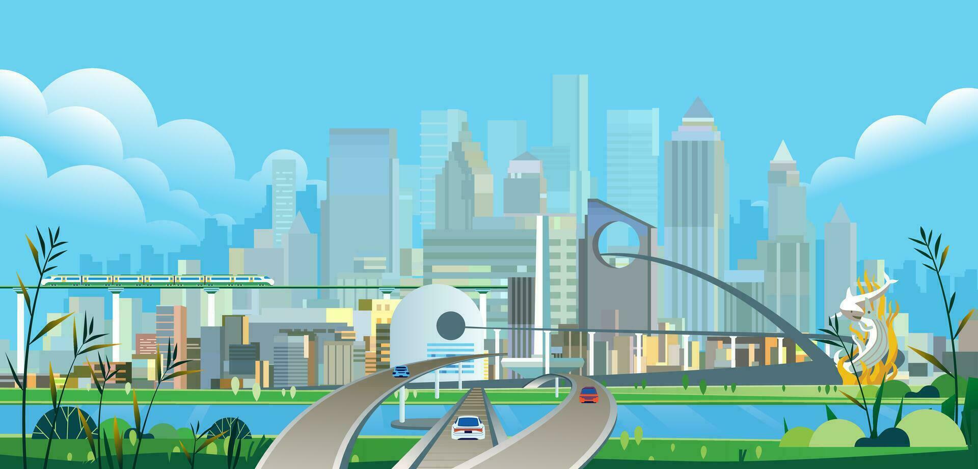 Future sustainability city futuristic Modern architecture towers and skyscrapers and green plants along empty road green smart city landscape illustration vector