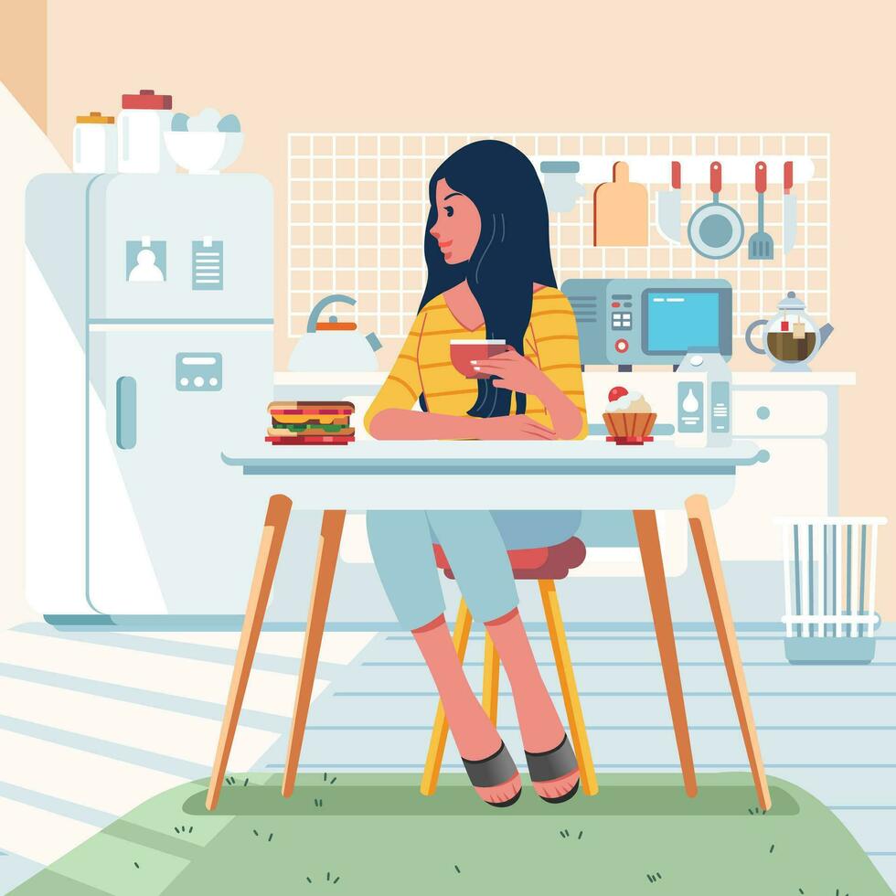 a woman is having breakfast at the dining table in the kitchen with the morning sun pouring into the kitchen vector illustration