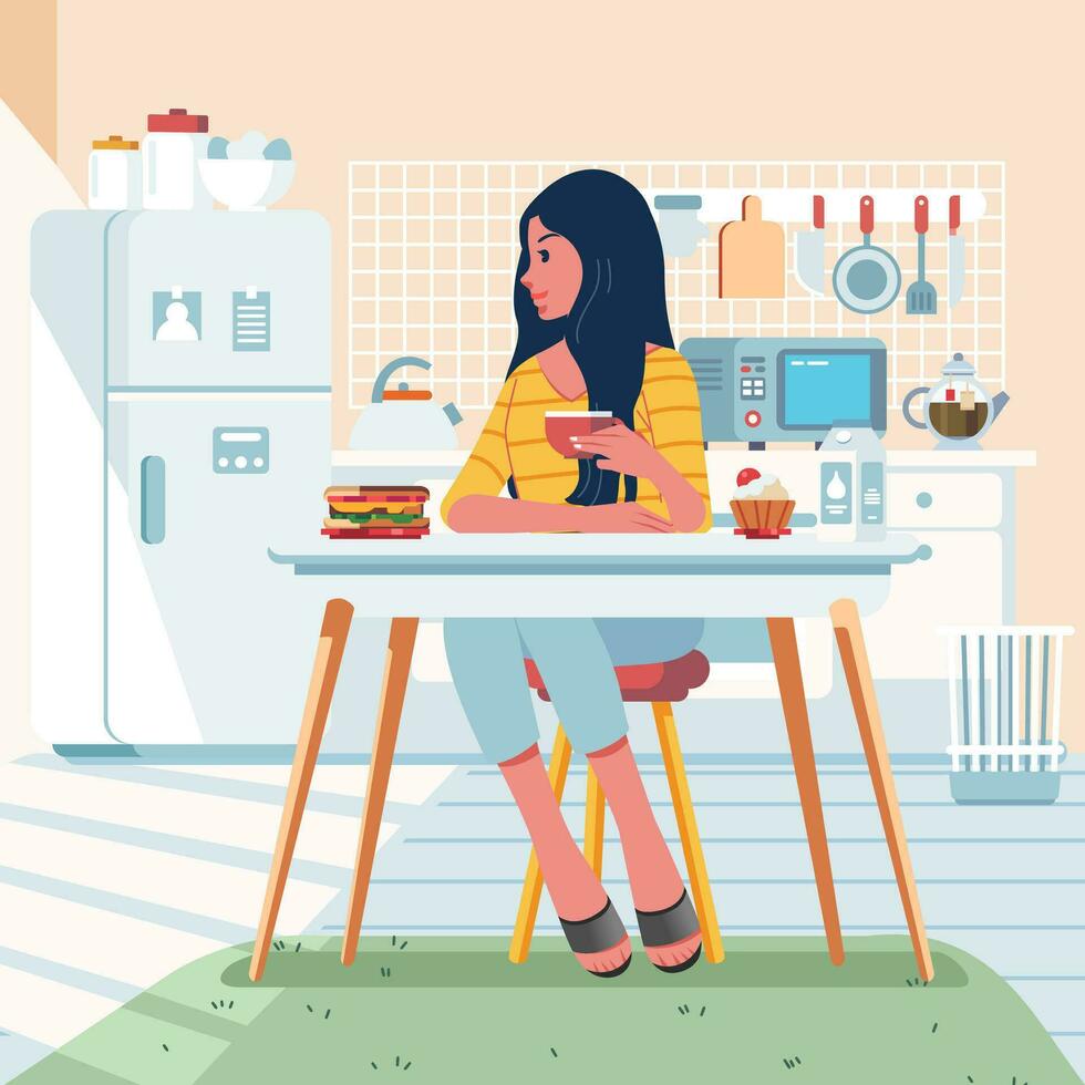 un mujer es teniendo desayuno a el comida mesa en el cocina con el Mañana Dom torrencial dentro el cocina vector ilustración