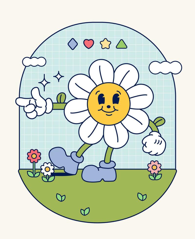 Hand draw Funny Retro vintage trendy style flower cartoon character Contemporary illustration Doodle Comic collection vector