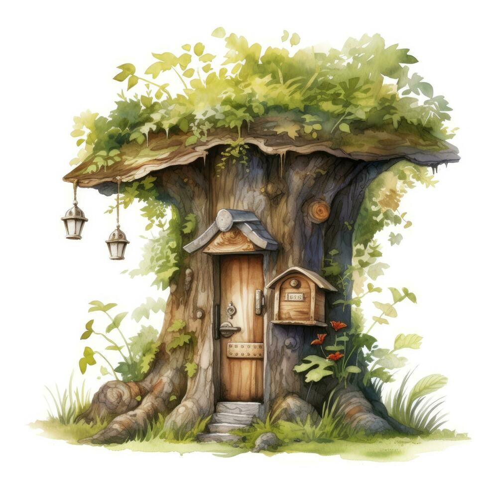 Watercolor mailbox in a tree on a white background. AI Generated photo