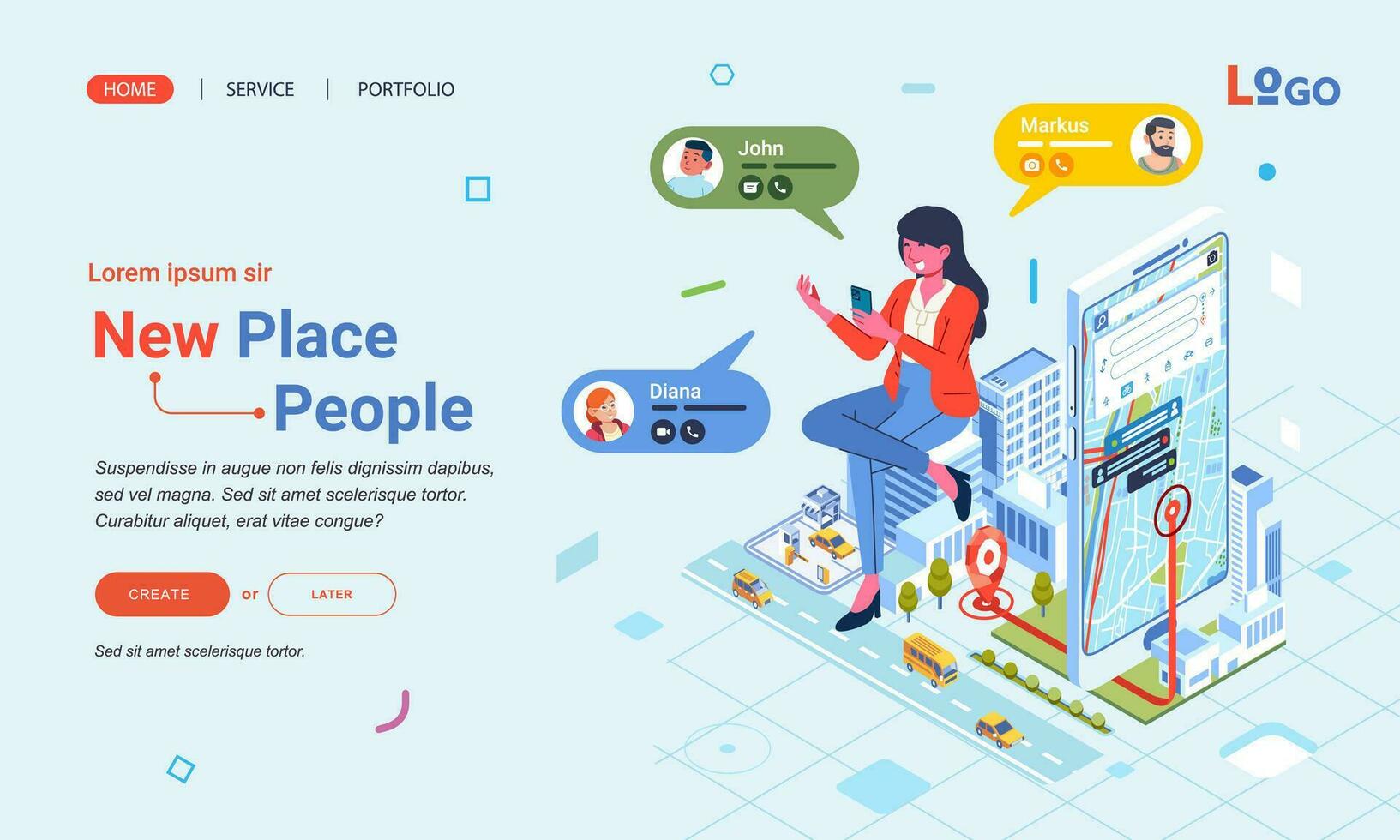 landing page isometric illustration of social media telecommunication. women holding smartphone get a video call while sitting in isometric city vector