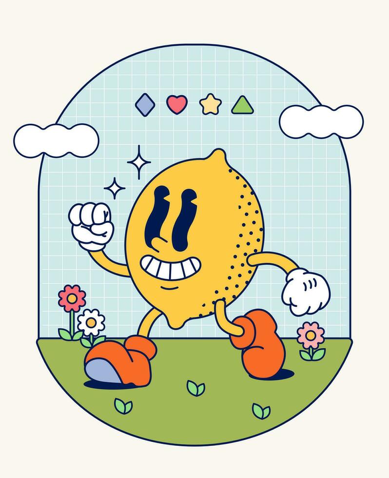 Hand draw Funny Retro vintage trendy lemon cartoon character Contemporary illustration Doodle Comic collection vector