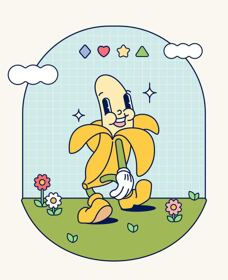 Hand draw Funny Retro vintage trendy style opened banana cartoon character Contemporary illustration Doodle Comic collection vector