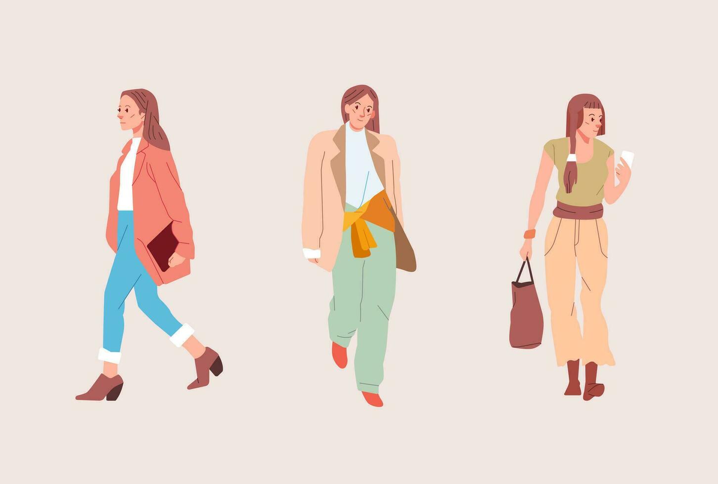 de moda frio joven moderno muchachas en de moda ropa atuendo. casual elegante ciudad calle estilo plano vistoso dibujos animados vector ilustración